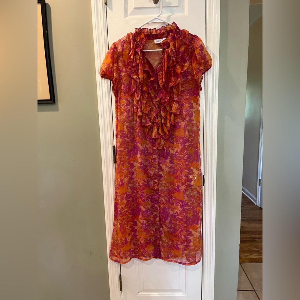 Saint Tropez Women’s vibrant Ruffles neck button up‎ shirt with slip dress M b6